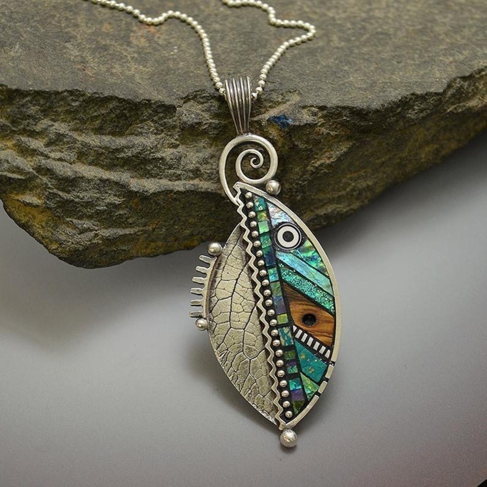 Boho festival silver tone and multicolored fish / leaf design pendant